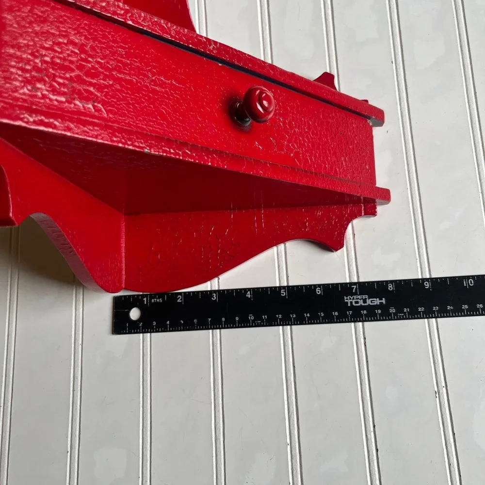 Vintage Red Crackle Wood Corner Shelf with Drawer Wall Hanging Scalloped